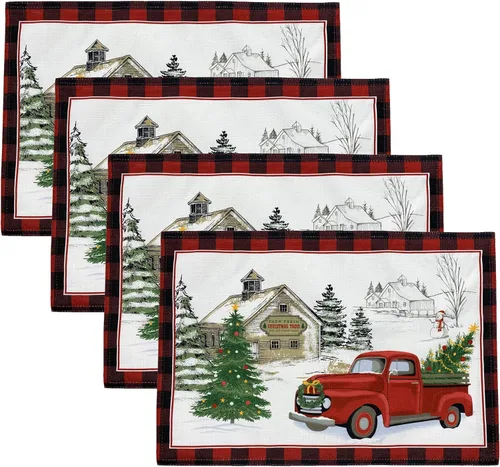 Elrene Home Fashions - Juego de 4 manteles individuales de tela vintage para árbol de Navidad, 13 x 19 pulgadas