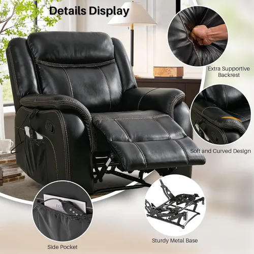 Miniatura 4 de Silla reclinable de masaje con calor, sillas reclinables de piel sintética para adultos, silla de descanso ergonómica reclinable manual de 39
