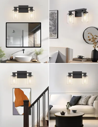 Miniatura 2 de L LOHAS LED Lámparas de baño negras de 2 luces, accesorios de iluminación modernos sobre espejo con pantalla de vidrio transparente, luces