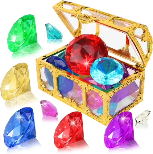 YUJUN Juguetes de piscina de gemas de buceo, 10 coloridas gemas de diamante grande con caja de cofre de pirata del tesoro, juego de piedras