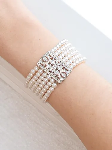 Miniatura 4 de Mariell Pulsera elástica de perlas de marfil y cristal, tamaño mediano de 6 a 7 pulgadas, se adapta a la mayoría de muñecas, perlas de imitación