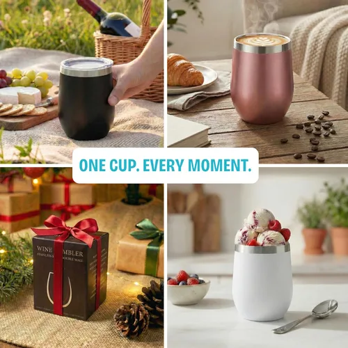 Miniatura 8 de CHILLOUT LIFE Vasos Térmicos de Vino de Acero Inoxidable de 12 oz Paquete de 2 - Vasos de Vino con Aislamiento al Vacío de Doble Pared con Tapas