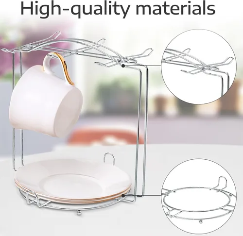 Miniatura 3 de Soporte para tazas de té y platillos, soporte de metal para tazas de té, organizador para taza de café, cuchara y platillos (plateado)