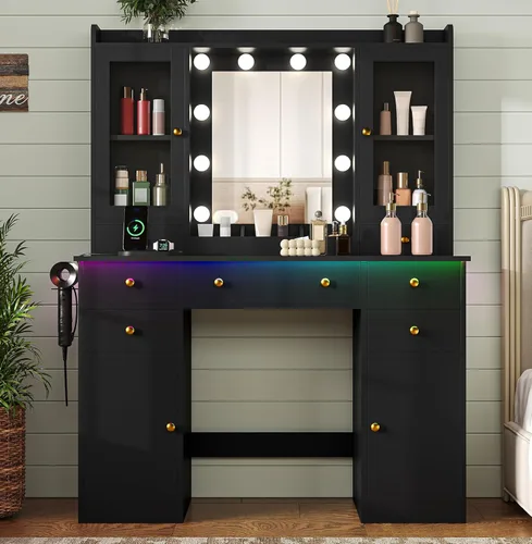 HUANLEGO - Escritorio negro con espejo y luces para niñas y mujeres | Makeup Vanity Mirror with Lights, LED RGB Lights Strip, Power Outlet, 7