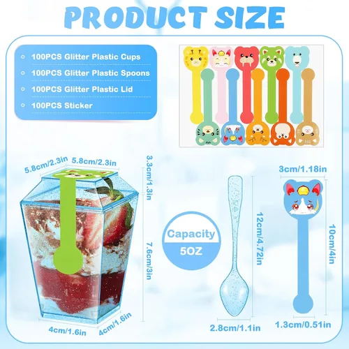 Miniatura 3 de Dandat Paquete de 100 tazas de postre de plástico con purpurina azul de 5 onzas con tapas y cucharas, mini tazas de yogur transparente
