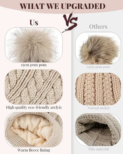 Miniatura 2 de Alepo Womens Winter Beanie Hat, Warm Fleece Lined Knitted Soft Ski Cuff Cap with Pom Pom