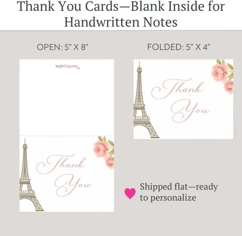 Miniatura 6 de Merci Thank You Cards - Notas de la Torre Eiffel, notas temáticas francesas con sobres (24 unidades)