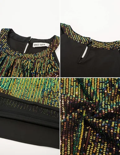 Miniatura 4 de GRACE KARIN Camisetas halter de lentejuelas para mujer, sin mangas, brillantes, fruncidas, fluidas, brillantes, para club, camisa de fiesta