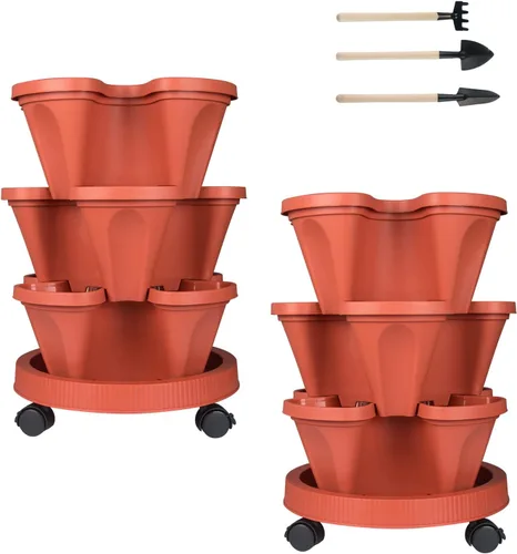 Miniatura 8 de Macetas apilables de polipropileno DUNCHATY, de 5 niveles, verde pino, para interior/exterior, 29" de altura x 13.6" de diámetro 2-1 Paquete