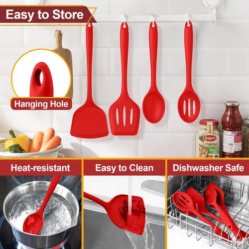 Miniatura 7 de P&P CHEF Juego de utensilios de cocina, 4 piezas de utensilios de cocina de silicona antiadherentes, espátula sólida ranurada resistente al calor
