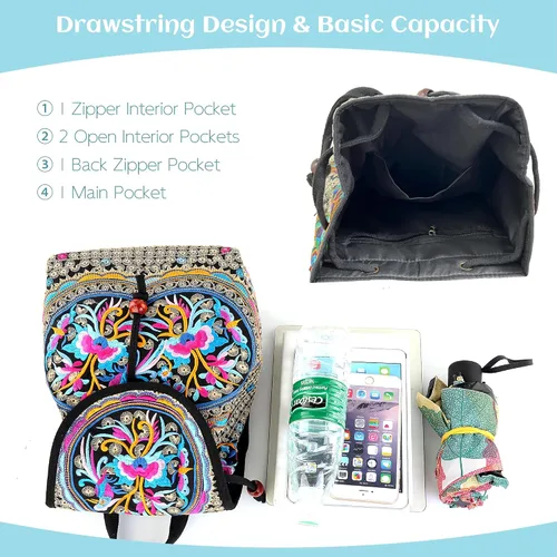 Miniatura 5 de MAZEXY Mochila bordada para mujer, bolso de hombro bohemio, bolso cruzado de flores étnicas vintage, Zafiro rojo, Causal
