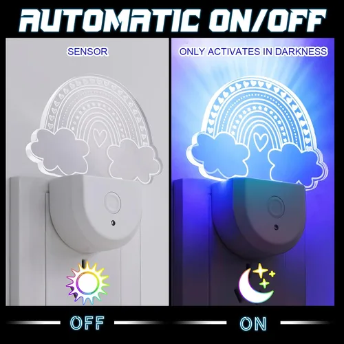 Miniatura 4 de Rossesay 2 luces nocturnas arcoíris para niños, enchufables a la pared, 8 colores cambiantes, luz nocturna arcoíris con sensor de atardecer a