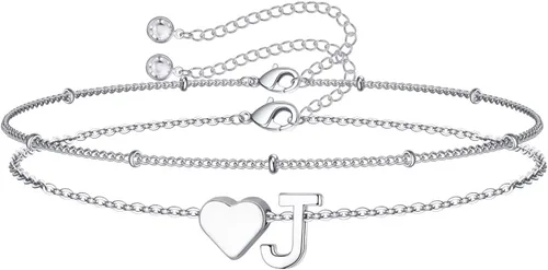 Miniatura 43 de M MOOHAM Pulseras de oro con inicial de corazón para mujer, pulseras con dije de letra A-Z de corazón dorado en capas para mujer, pulseras