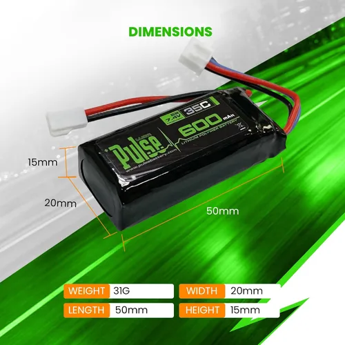 Miniatura 6 de Pulse 600mah 2S 7.4V 35C LiPo Batería Molex 51005 compatible con Furitek Fury FX118, HobbyPlus CR18P EVO, FMS FCX24 K5, FMS FCX24 Smasher V