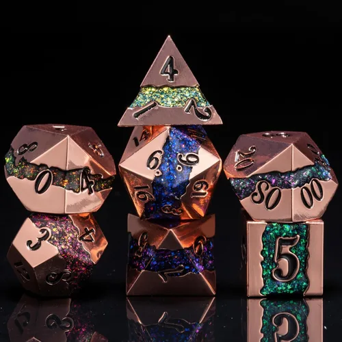 Miniatura 12 de Dados poliédricos DND de metal, juego de dados metálicos con purpurina a rayas grandes, juego de 7 dados plateados antiguos para juegos de rol