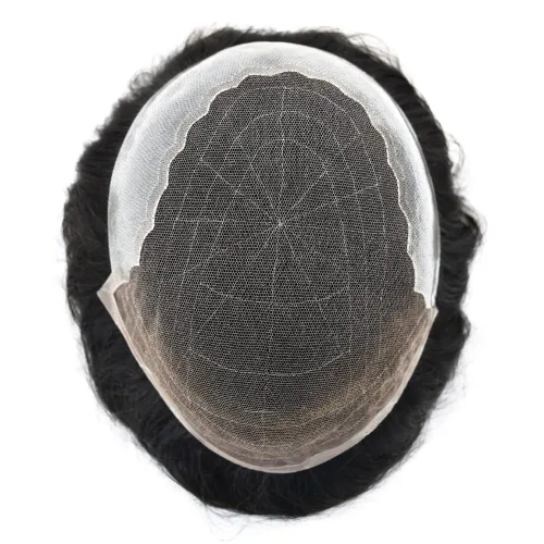 Miniatura 7 de Toupee para hombres Cabello humano real Sistema de reemplazo de cabello de encaje francés Encaje frontal nudo blanqueado Mens Toupee Hair Pieces
