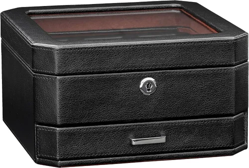 Miniatura 8 de ROTHWELL Caja de reloj de cuero con 6 ranuras y cajón de valet, organizador de exhibición de lujo para relojes, forro de microgamuza, soporte