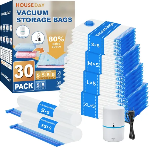 Miniatura 14 de HOUSE DAY Paquete de 22 bolsas de almacenamiento al vacío con bomba, bolsas de sellado al vacío para ahorrar espacio para ropa y viajes, 4 jumbo/4