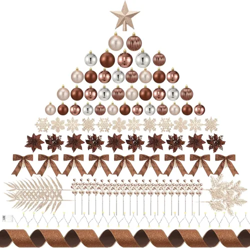 Miniatura 14 de Poen Juego de 108 adornos para árbol de Navidad, incluye bolas para árbol navideño, flor de pascua con purpurina, lazos, bayas, tallos, hojas, copos