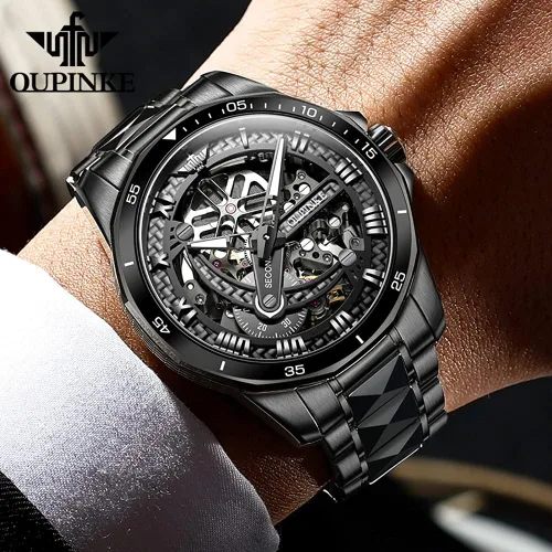 Miniatura 2 de OLEVS Relojes automáticos para hombre, esqueleto mecánico de lujo, color negro, plateado, impermeable, luminoso, cristal de zafiro