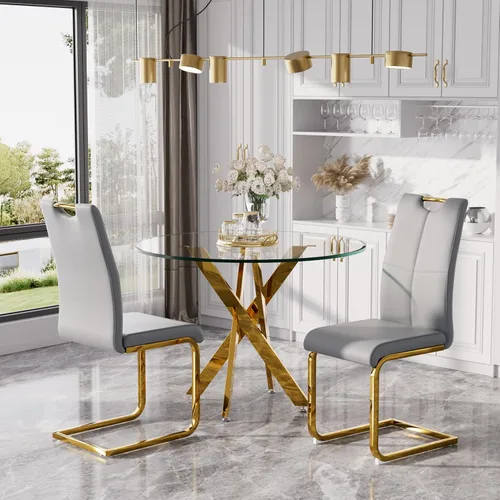 Miniatura 6 de Juego de mesa de comedor redonda moderna de vidrio de 36 pulgadas para 2, mesa de comedor de vidrio con patas cruzadas de metal, mesa de cocina