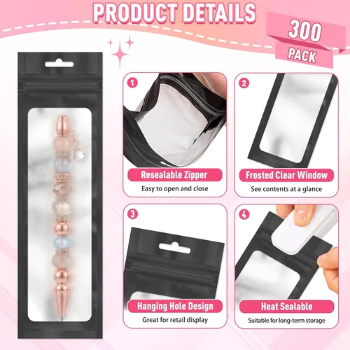 Miniatura 4 de ANZNKU 300 bolsas para bolígrafos, bolsas de Mylar resellables multicolor de 2.7 x 9 pulgadas, bolsas de embalaje con ventana transparente