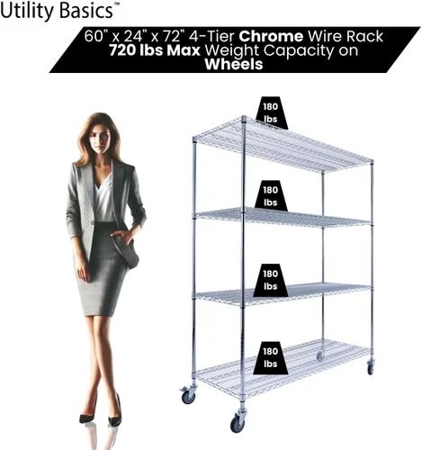 Miniatura 4 de NSF - Estantería comercial de alambre de 4 niveles con ruedas, estantes de metal resistente de 60 x 24 x 72 pulgadas, capacidad máxima de 3200 Negro