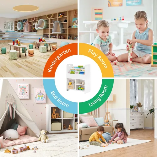 Miniatura 12 de VECELO Estantería para niños, 2 en 1 con estantes y 3 cubos de diferentes tamaños, organizador de madera para almacenamiento de juguetes para Blanco
