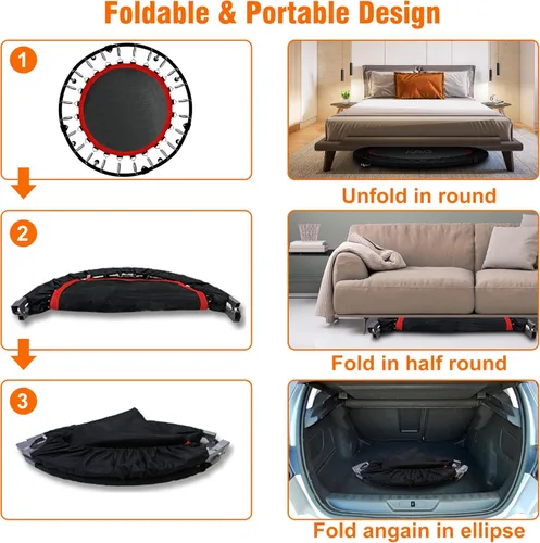 Miniatura 7 de Mini trampolín plegable para adultos y niños de 40 pulgadas con barra de espuma ajustable para entrenamiento en interiores Naranja