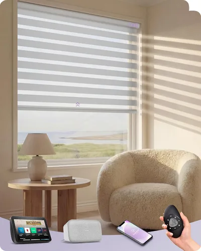 Miniatura 35 de Graywind Persianas motorizadas de cebra para ventanas, persianas inteligentes 100 % opacas con control remoto, persianas de cebra personalizadas