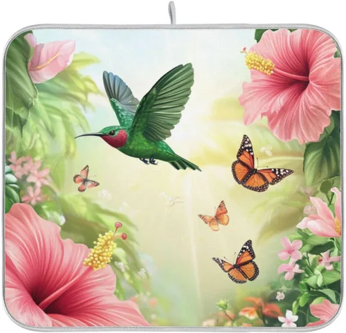Miniatura 38 de Tapete de secado de platos de primavera naranja con flor de amapola para encimera de cocina, tapete escurridor absorbente de microfibra, tapete