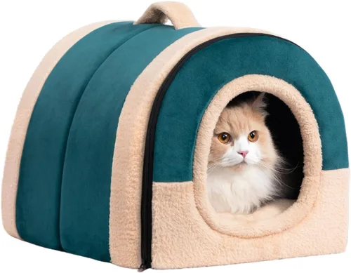 Miniatura 12 de Hollypet Cama para gatos autocalentable para gatitos, cabaña, nido de mascotas, cama para dormir para gatos de interior, amarillo, cueva de piña