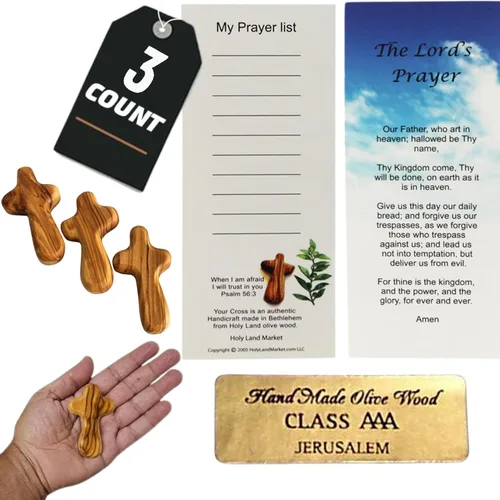 Holy Land Market 3 cruces de madera de olivo de Tierra Santa - Crucifijo de palma de bolsillo de 2.5 pulgadas | Jerusalén hecho a mano, Belén Israel