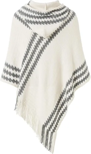 Miniatura 2 de Ferand Suéter poncho de punto con capucha y rayas en zigzag para mujer con flecos