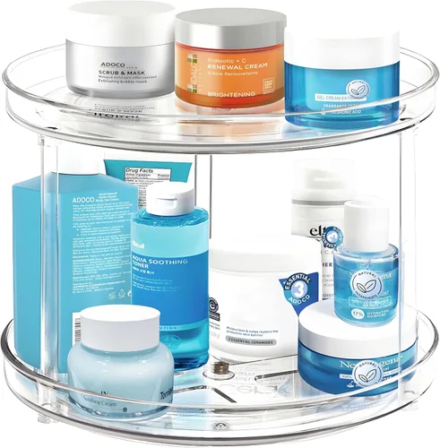 Organizador Lazy Susan de 2 niveles para baño, organizador de maquillaje giratorio de 360 grados de 9.25 pulgadas transparente para tocador,