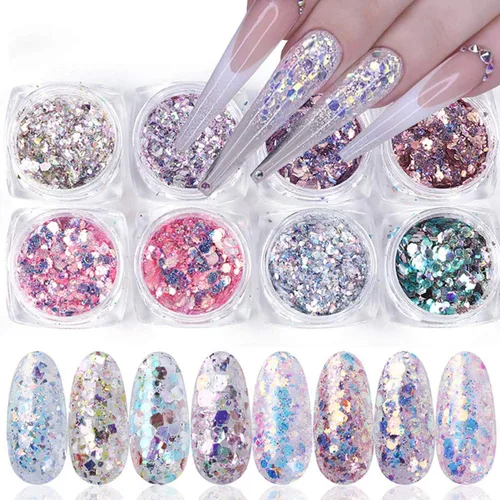Suministros de uñas holográficas con purpurina para uñas, decoración de uñas en polvo de sirena, lentejuelas brillantes 3D, dijes de manicura,