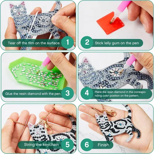 Miniatura 4 de Henoyso 24 Piezas Llaveros de Pintura de Diamante, Llaveros de Arte de Diamantes para Bricolaje, Kit de Taladro de Doble Cara 5D, Juego de Adornos