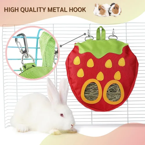 Miniatura 7 de JanYoo Bolsa alimentadora de heno de conejo para jaula de conejillos de indias, dispensador de heno Timothy, organizador de almacenamiento, grande
