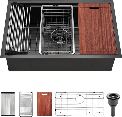 Miniatura 10 de Fregadero de cocina de montaje inferior negro 27 x 19 x 10 pulgadas, fregadero de acero inoxidable negro calibre 16, estación de trabajo debajo