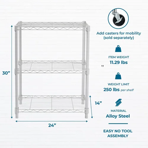 Miniatura 3 de Honey-Can-Do Estantes ajustables de 3 niveles de alta resistencia, estante de almacenamiento de metal con capacidad de 250 lb, blanco, 14" de ancho