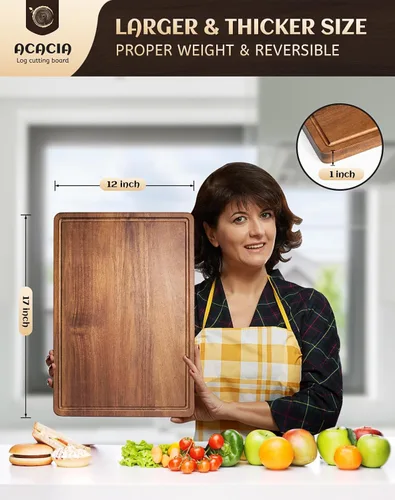 Miniatura 3 de Tabla de cortar grande de madera de acacia para cocina, tabla de cortar de madera reversible de 17 x 12 pulgadas, tabla de charcutería con ranuras