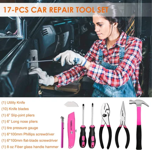 Miniatura 2 de THINKWORK - Kit de emergencia de coche para regalos de adolescentes y damas, kit de asistencia en carretera rosa con juego de herramientas