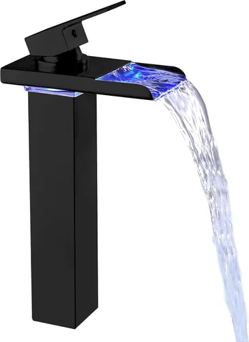 Miniatura 8 de Grifo de baño LED gris plomizo, cascada de baño, grifo alto para fregadero de 1 agujero, mango único, latón con mangueras de suministro de agua