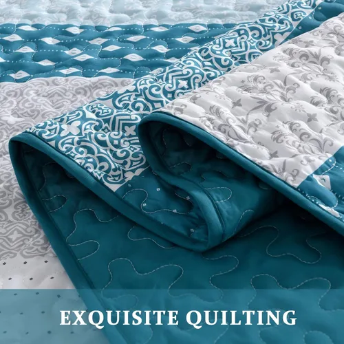 Miniatura 7 de WONGS BEDDING Edredón Azul Gris Tamaño Queen, Juegos de Edredón de Rayas Bohemias 3 Piezas Azul y Gris Boho Juego de Colcha Acolchada de Microfibra