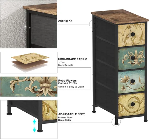 Miniatura 5 de Tohomeor Cómoda de Almacenamiento Estrecha Cómoda Delgada con Cajones de Tela de Flores Retro Armario Vertical Delgado para Espacios Pequeños, Baño