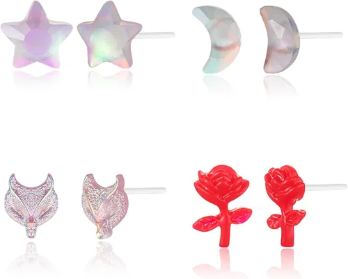 4 pares de aretes de plástico lindos y ligeros para orejas sensibles (zorro y rosa, estrellas y luna), Resina Silicona Acrílico, No es una piedra