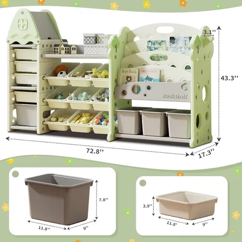 Miniatura 2 de Pipleo Organizador de almacenamiento de juguetes para niños con 17 contenedores extraíbles, estantería de 4 niveles para niños, organizador de Verde