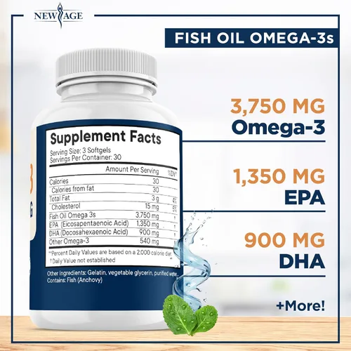 Miniatura 2 de Aceite de pescado Omega 3 Triple Strength 3750 mg - EPA y DHA - Más de 3000 mg de ácidos grasos omega-3 - 1350 mg EPA + 900 mg DHA - Los mejores