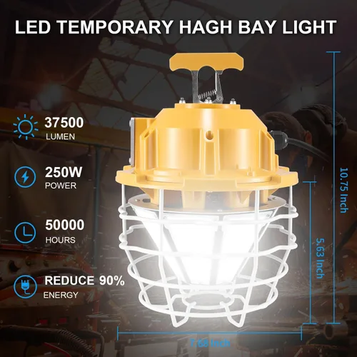 Miniatura 3 de Luz de trabajo temporal LED 250W 37500LM 5000K Luz diurna blanca alta Bahía LED luz de construcción con gancho portátil enlazable duradero LED