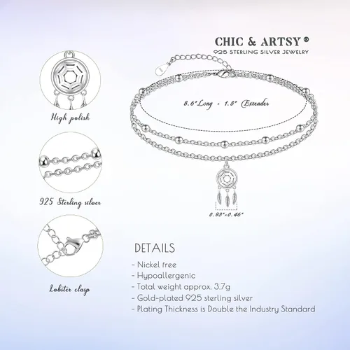 Miniatura 39 de CHIC & ARTSY Tobilleras delicadas de plata de ley S925 para verano, pulsera de tobillo ajustable multicapa para playa, joyería de pie para mujer